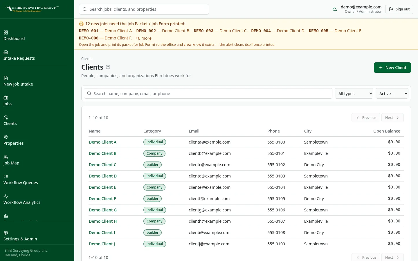 Efird Surveying Group custom software: Customer list the office searches every day