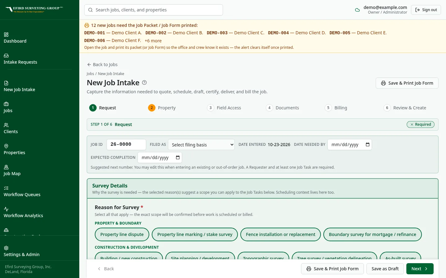 Efird Surveying Group custom software: Counter-style form for taking a new job request