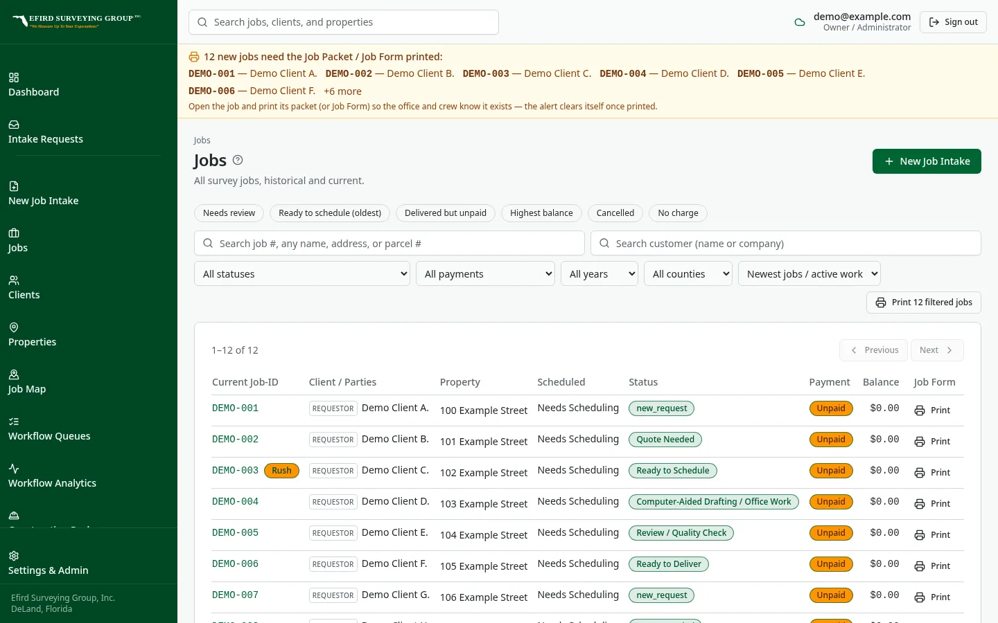 Efird Surveying Group custom software: Survey jobs listed with rush flags and print buttons